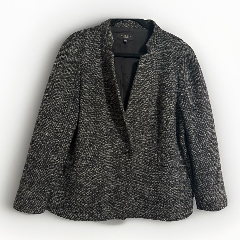 Talbots One Button Blazer Black and White Tweed Jacket Lined Size 16W PETITE